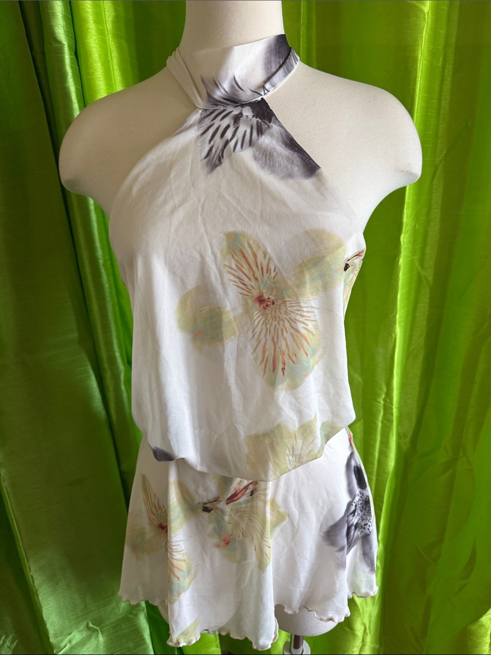White Floral Halter Mini Dress - Pastel Yellow & Gray Flowers